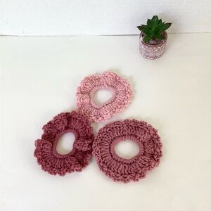 Hair Scrunchy Set Hand Crafted Pink CrochetBoho Messy Bun Ruffle